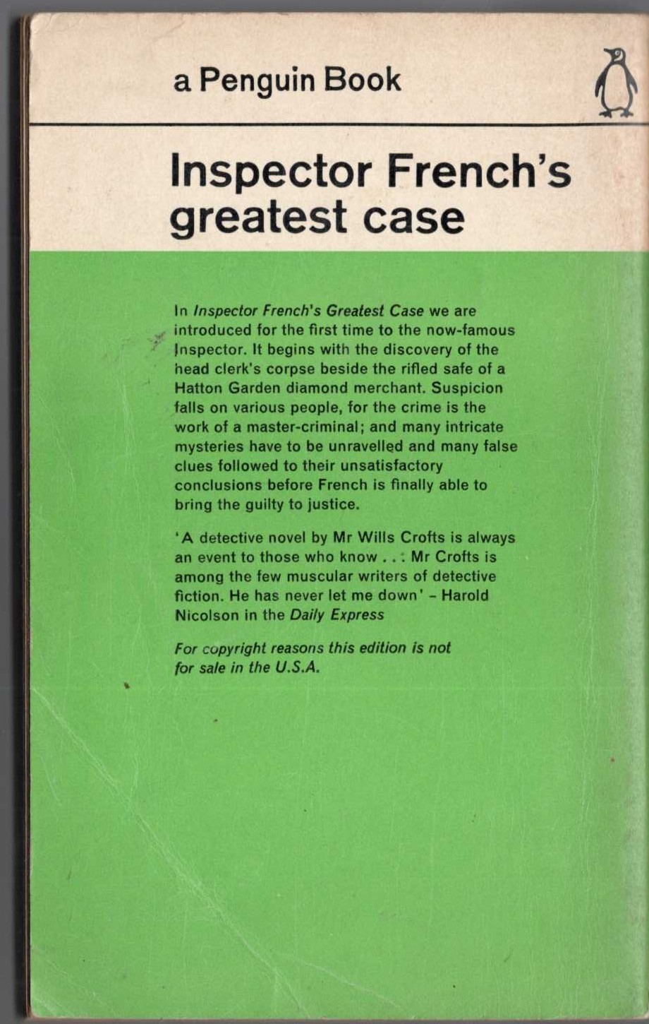 Freeman Wills Crofts  INSPECTOR FRENCH'S GREATEST CASE magnified rear book cover image