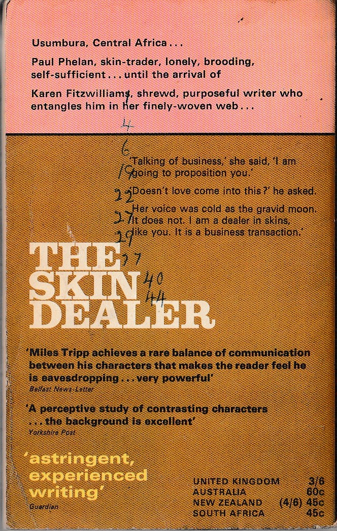 Miles Tripp  THE SKIN DEALER magnified rear book cover image