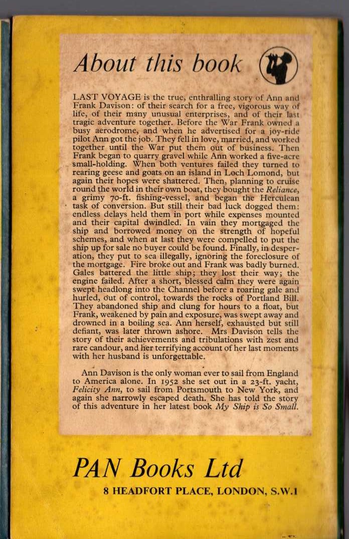 Ann Davison  LAST VOYAGE magnified rear book cover image
