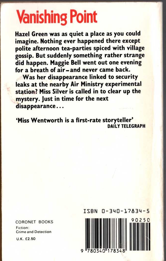 Patricia Wentworth  VANISHING POINT magnified rear book cover image