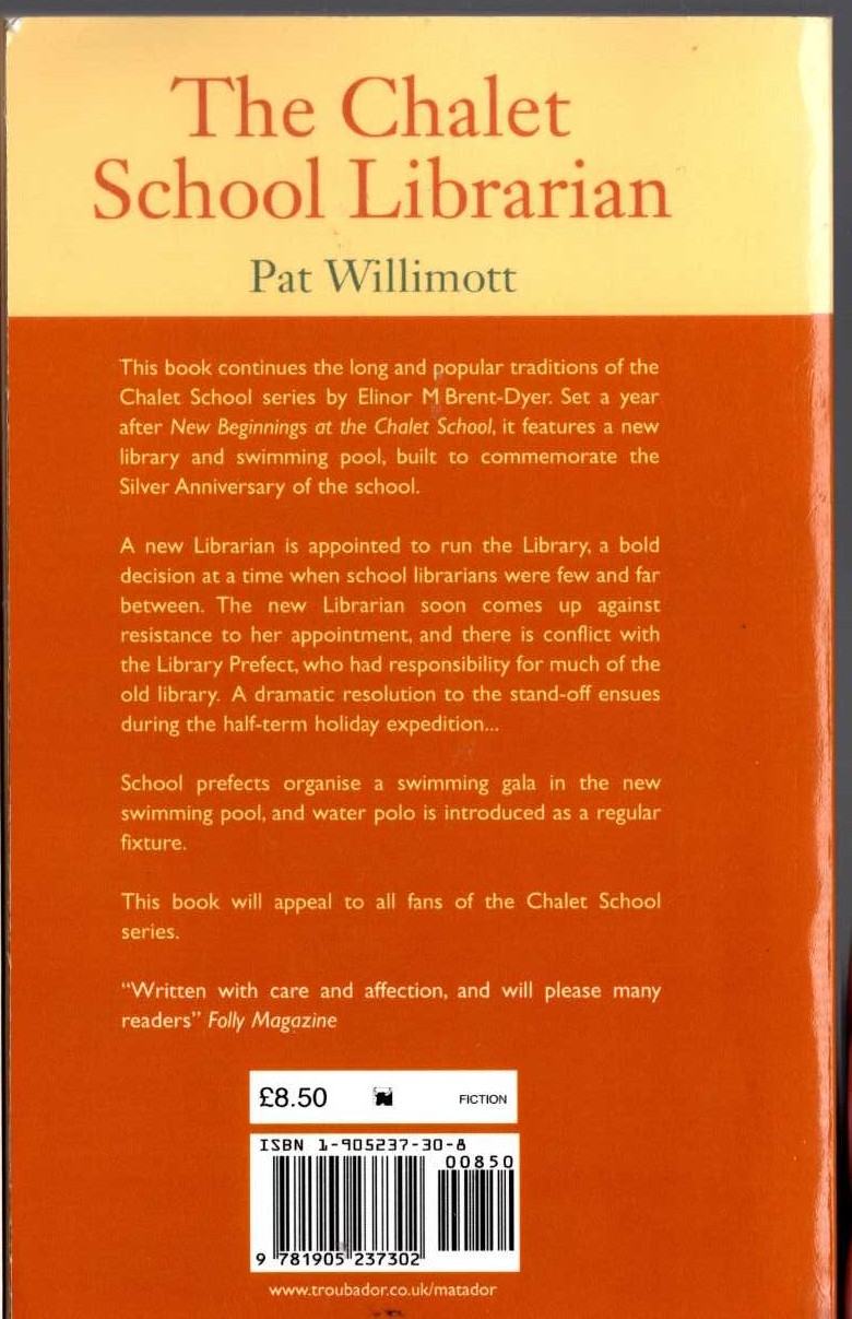 (Pat Willimott) THE CHALET SCHOOL LIBRARIAN magnified rear book cover image