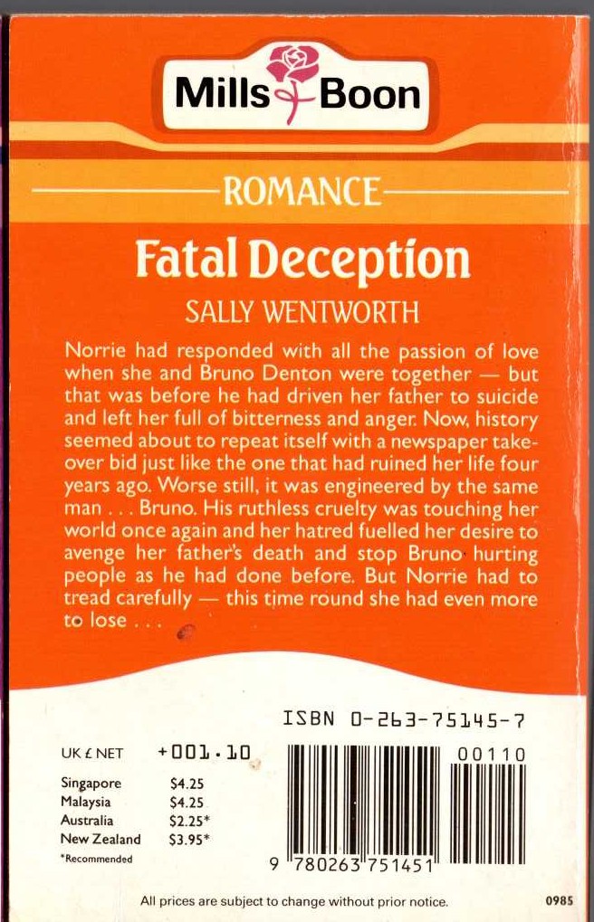 Sally Wentworth  FATAL DECEPTION magnified rear book cover image