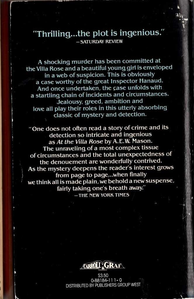 A.E.W. Mason  AT THE VILLA ROSE magnified rear book cover image