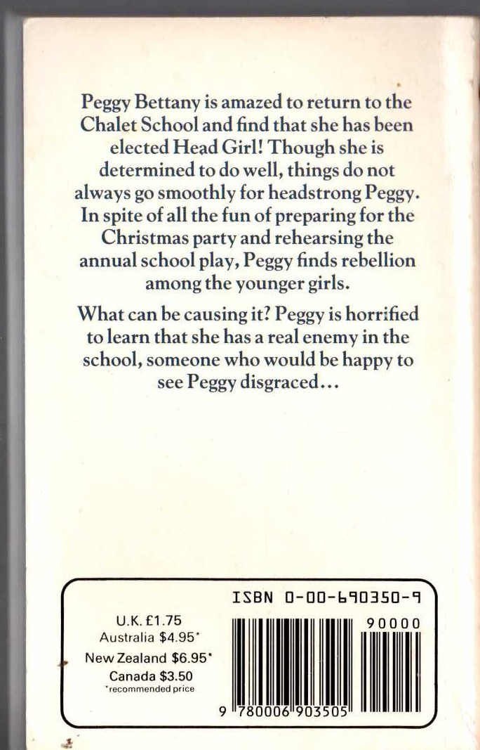 Elinor M. Brent-Dyer  PEGGY OF THE CHALET SCHOOL magnified rear book cover image
