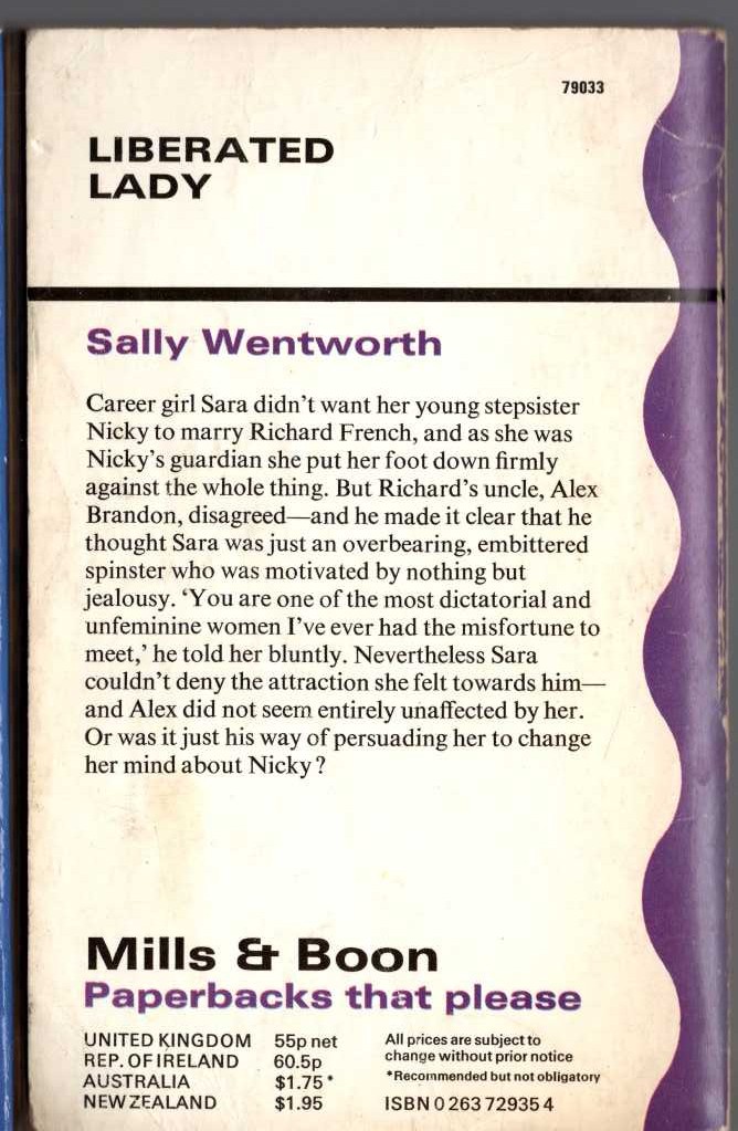 Sally Wentworth  LIBERATED LADY magnified rear book cover image