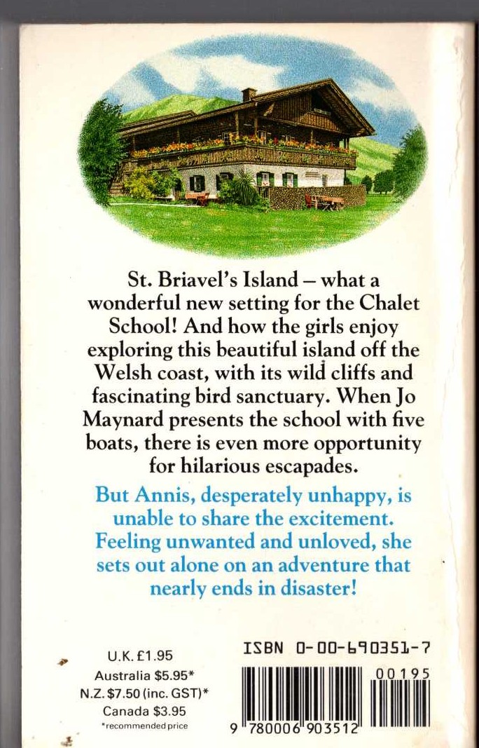 Elinor M. Brent-Dyer  THE CHALET SCHOOL AND THE ISLAND magnified rear book cover image
