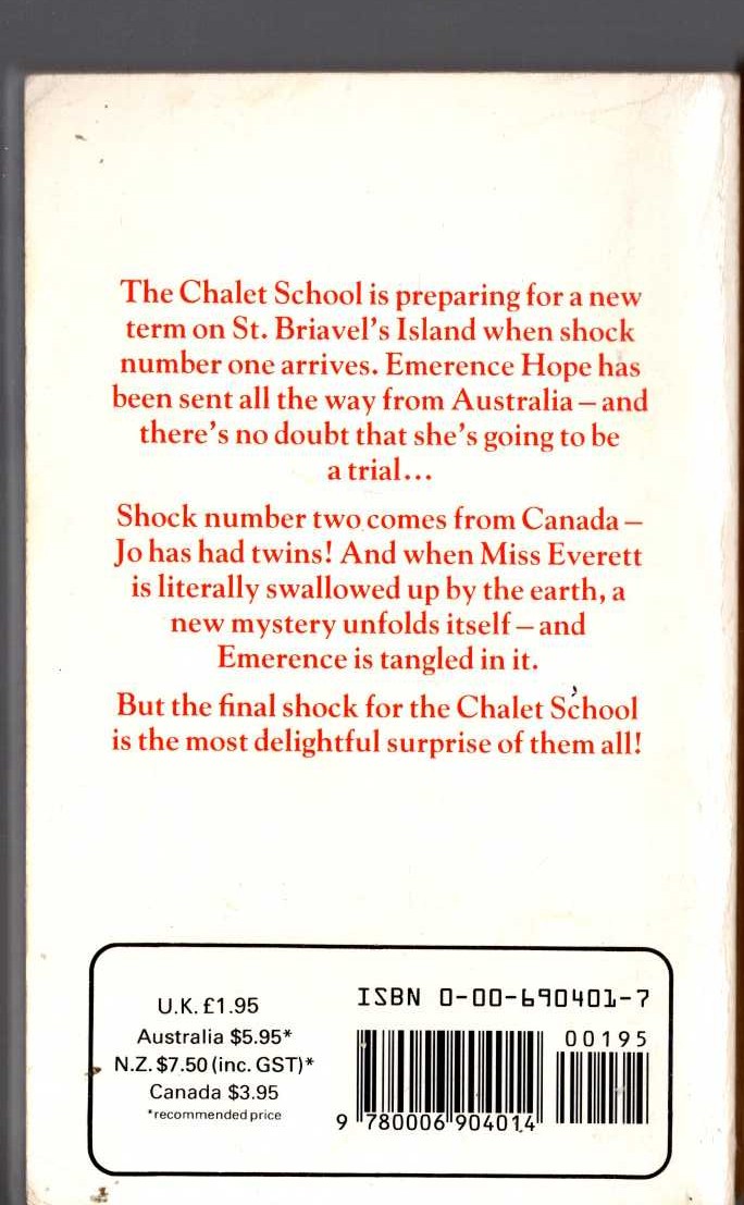 Elinor M. Brent-Dyer  SHOCKS FOR THE CHALET SCHOOL magnified rear book cover image