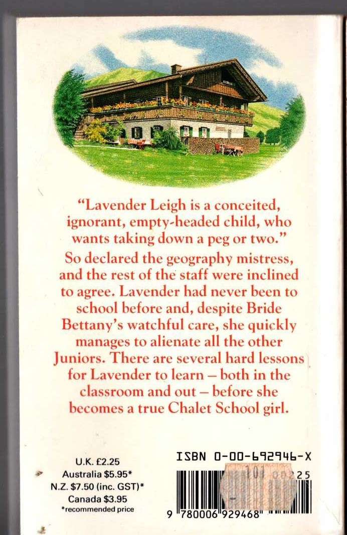 Elinor M. Brent-Dyer  LAVENDER LEIGH AT THE CHALET SCHOOL magnified rear book cover image