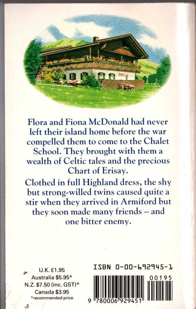Elinor M. Brent-Dyer  THE HIGHLAND TWINS AT THE CHALET SCHOOL magnified rear book cover image