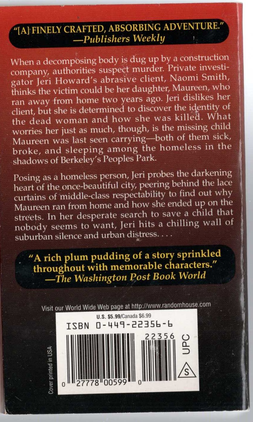 Janet Dawson  NOBODY'S CHILD magnified rear book cover image