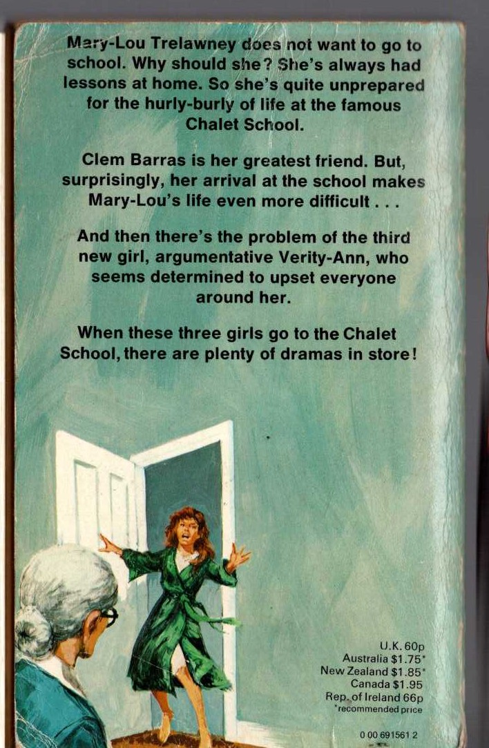 Elinor M. Brent-Dyer  THREE GO TO THE CHALET SCHOOL magnified rear book cover image