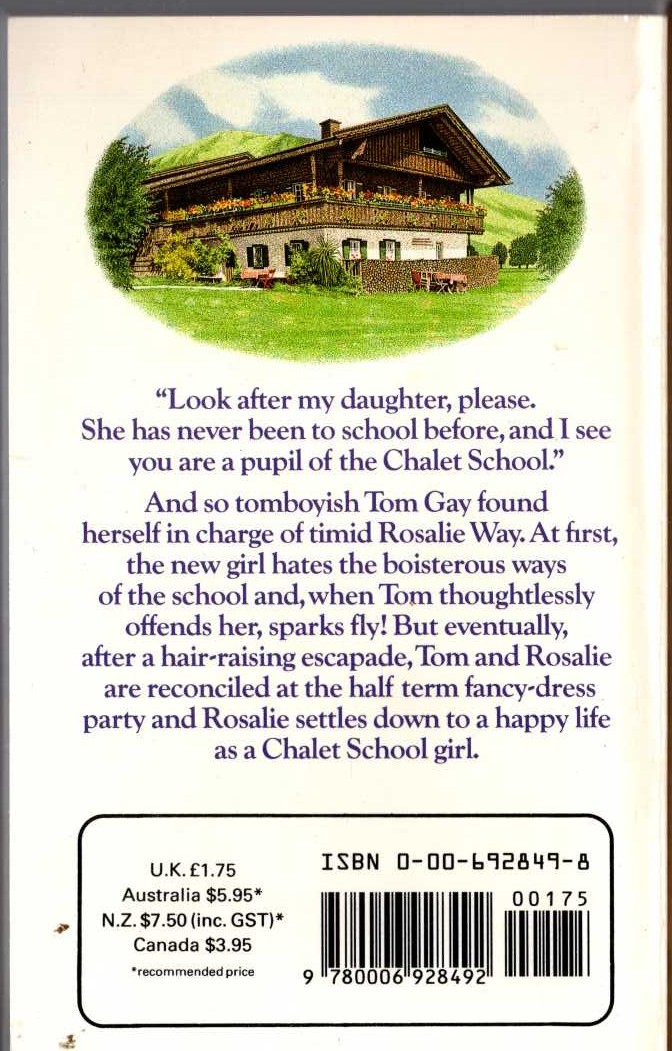 Elinor M. Brent-Dyer  THE CHALET SCHOOL AND ROSALIE magnified rear book cover image