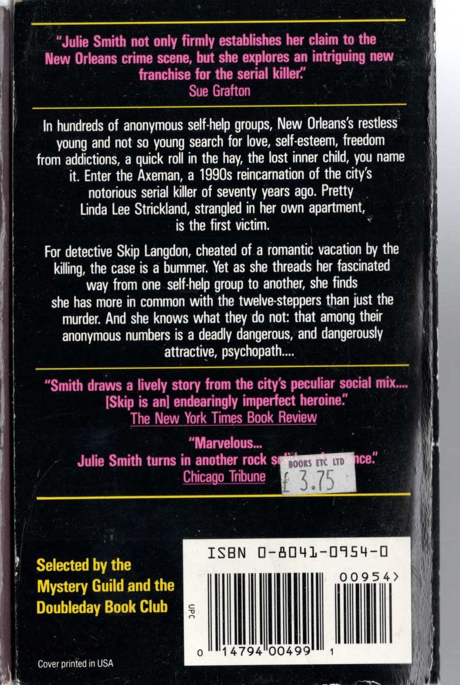 Julie Smith  THE AXEMAN'S JAZZ magnified rear book cover image