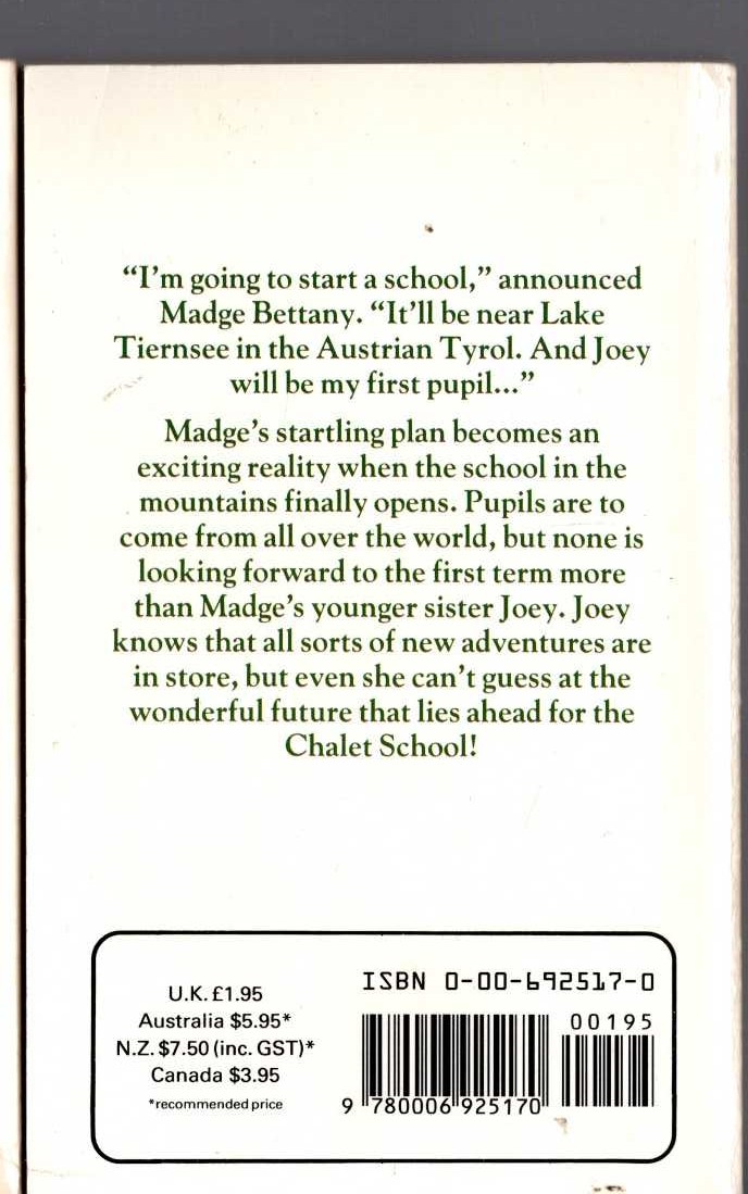 Elinor M. Brent-Dyer  THE SCHOOL AT THE CHALET magnified rear book cover image