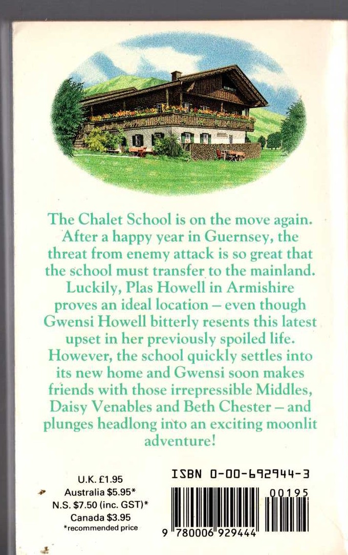 Elinor M. Brent-Dyer  THE CHALET SCHOOL AT WAR magnified rear book cover image
