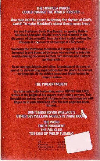 Irving Wallace  THE PIGEON PROJECT magnified rear book cover image