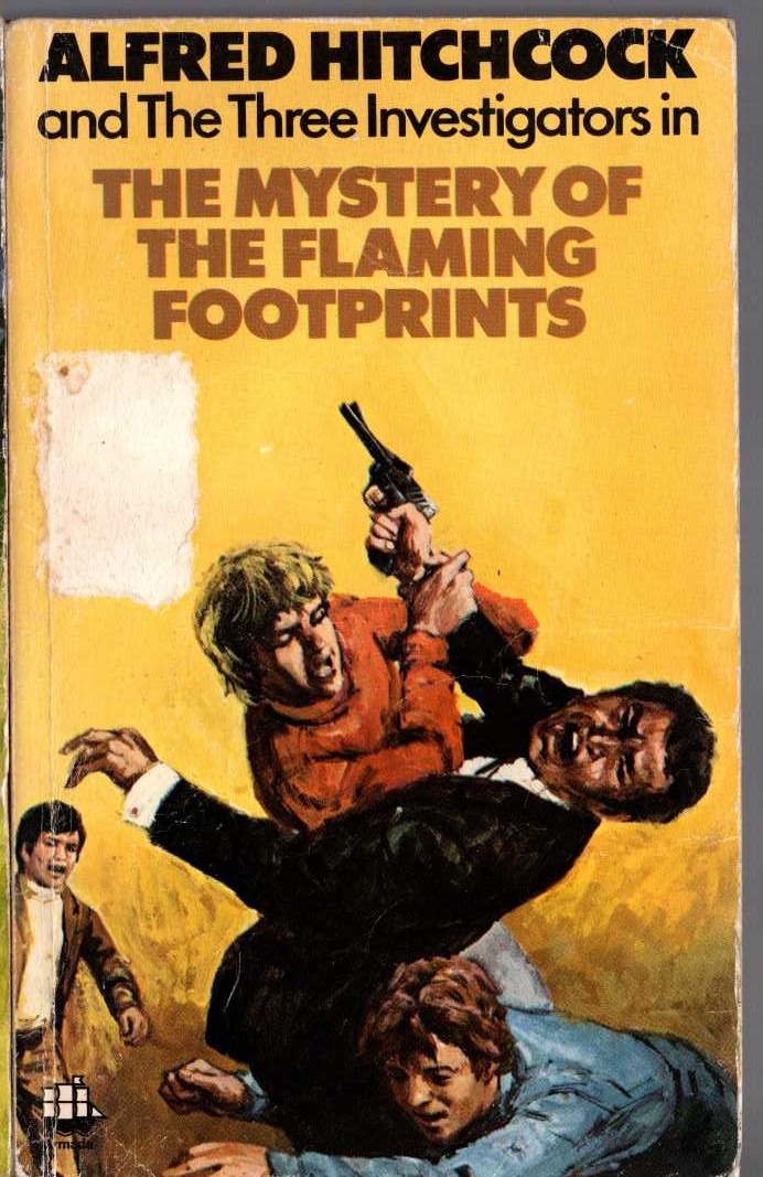 Alfred Hitchcock (introduces_The_Three_Invesitgators) THE MYSTERY OF THE FLAMING FOOTPRINTS front book cover image