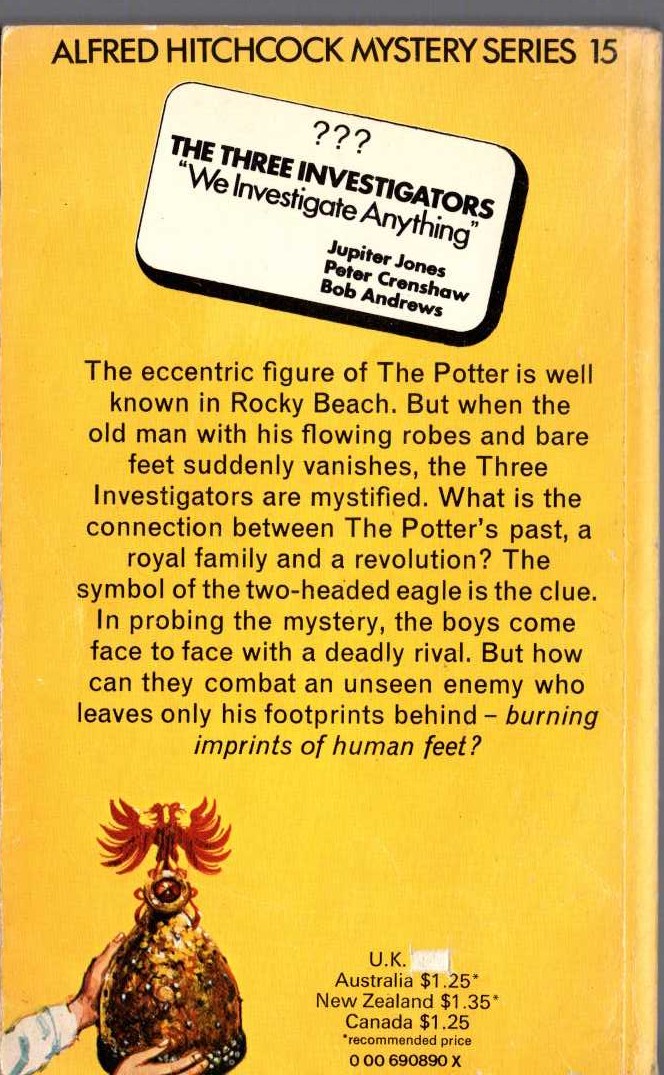 Alfred Hitchcock (introduces_The_Three_Invesitgators) THE MYSTERY OF THE FLAMING FOOTPRINTS magnified rear book cover image
