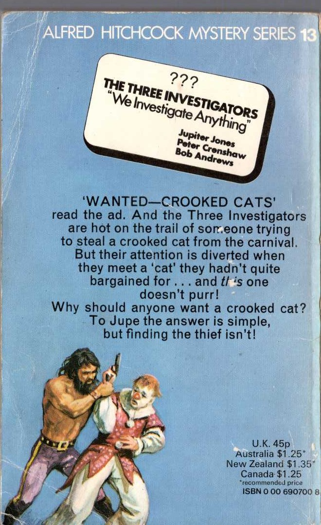 Alfred Hitchcock (introduces_The_Three_Investigators) THE SECRET OF THE CROOKED CAT magnified rear book cover image