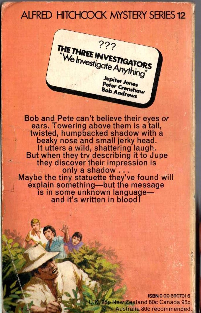 Alfred Hitchcock (introduces_The_Three_Invesitgators) THE MYSTERY OF THE LAUGHING SHADOW magnified rear book cover image