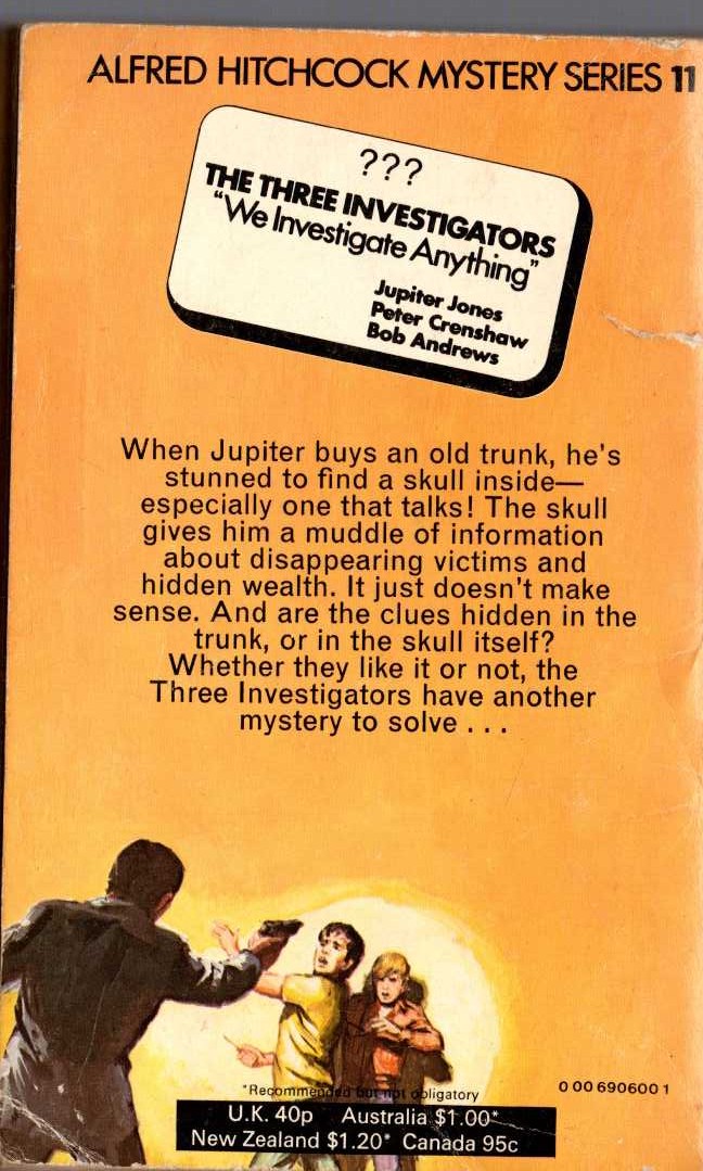 Alfred Hitchcock (introduces_The_Three_Invesitgators) THE MYSTERY OF THE TALKING SKULL magnified rear book cover image