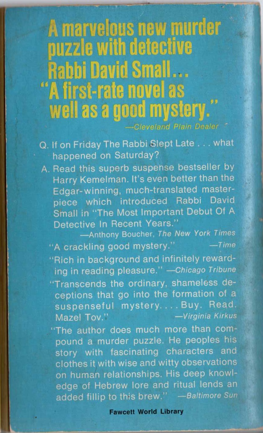 Harry Kemelman  SATURDAY THE RABBI WENT HUNGRY magnified rear book cover image