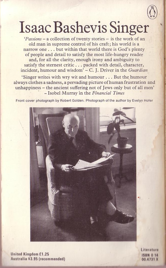 Isaac Bashevis Singer  PASSIONS and Other Stories magnified rear book cover image