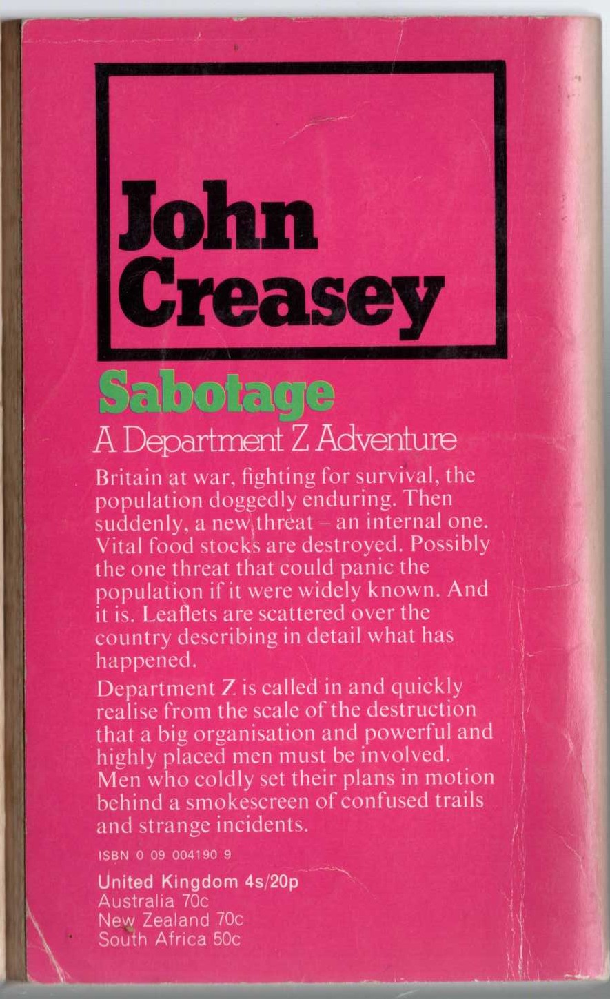 John Creasey  SABOTAGE (Department Z) magnified rear book cover image