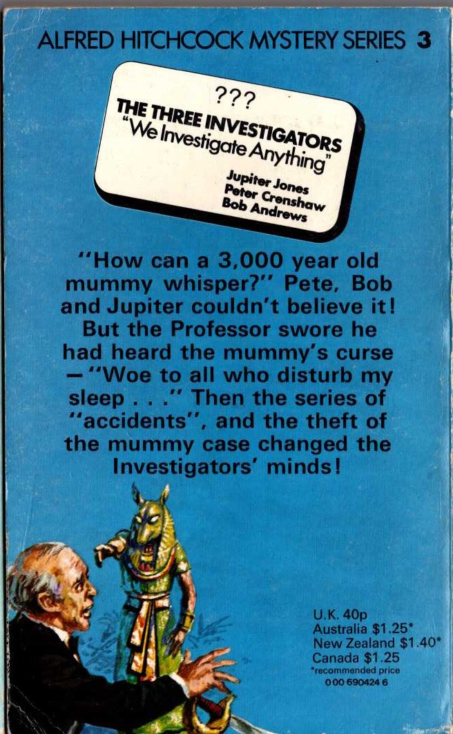 Alfred Hitchcock (introduces_The_Three_Investigators) THE MYSTERY OF THE WHISPERING MUMMY magnified rear book cover image