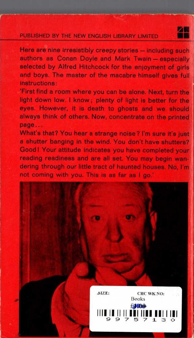 Alfred Hitchcock's  HAUNTED HOUSEFUL magnified rear book cover image