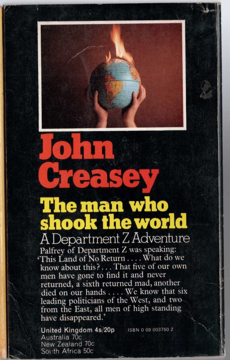 John Creasey  THE MAN WHO SHOOK THE WORLD magnified rear book cover image
