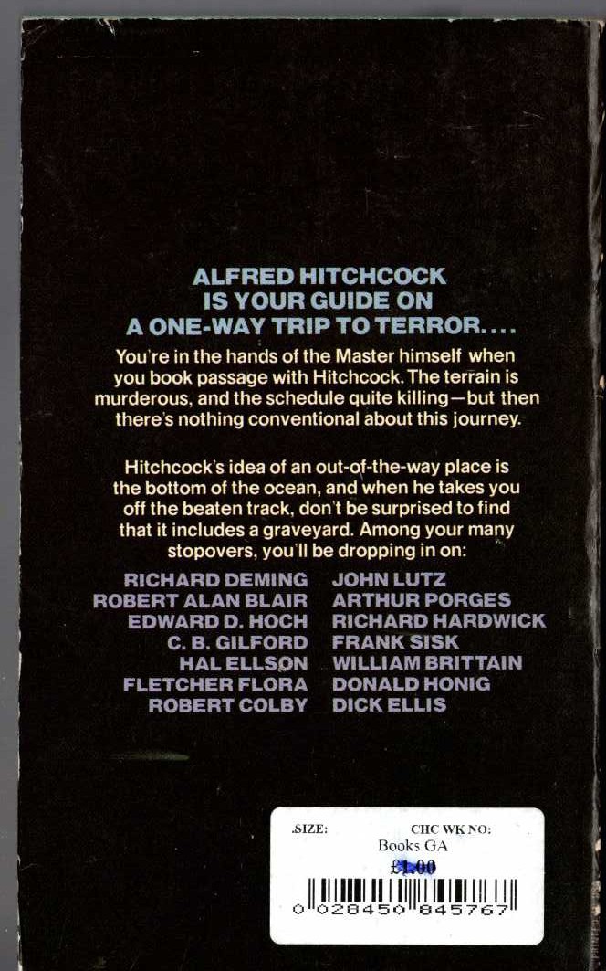 Alfred Hitchcock (edits) DEATH ON ARRIVAL magnified rear book cover image
