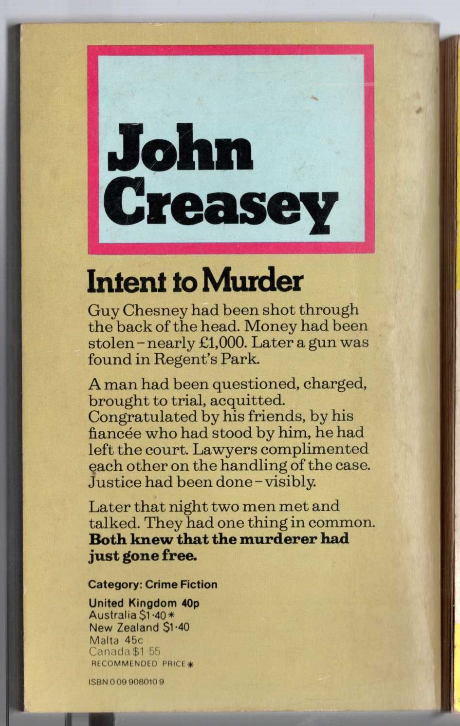 John Creasey  INTENT TO MURDER magnified rear book cover image
