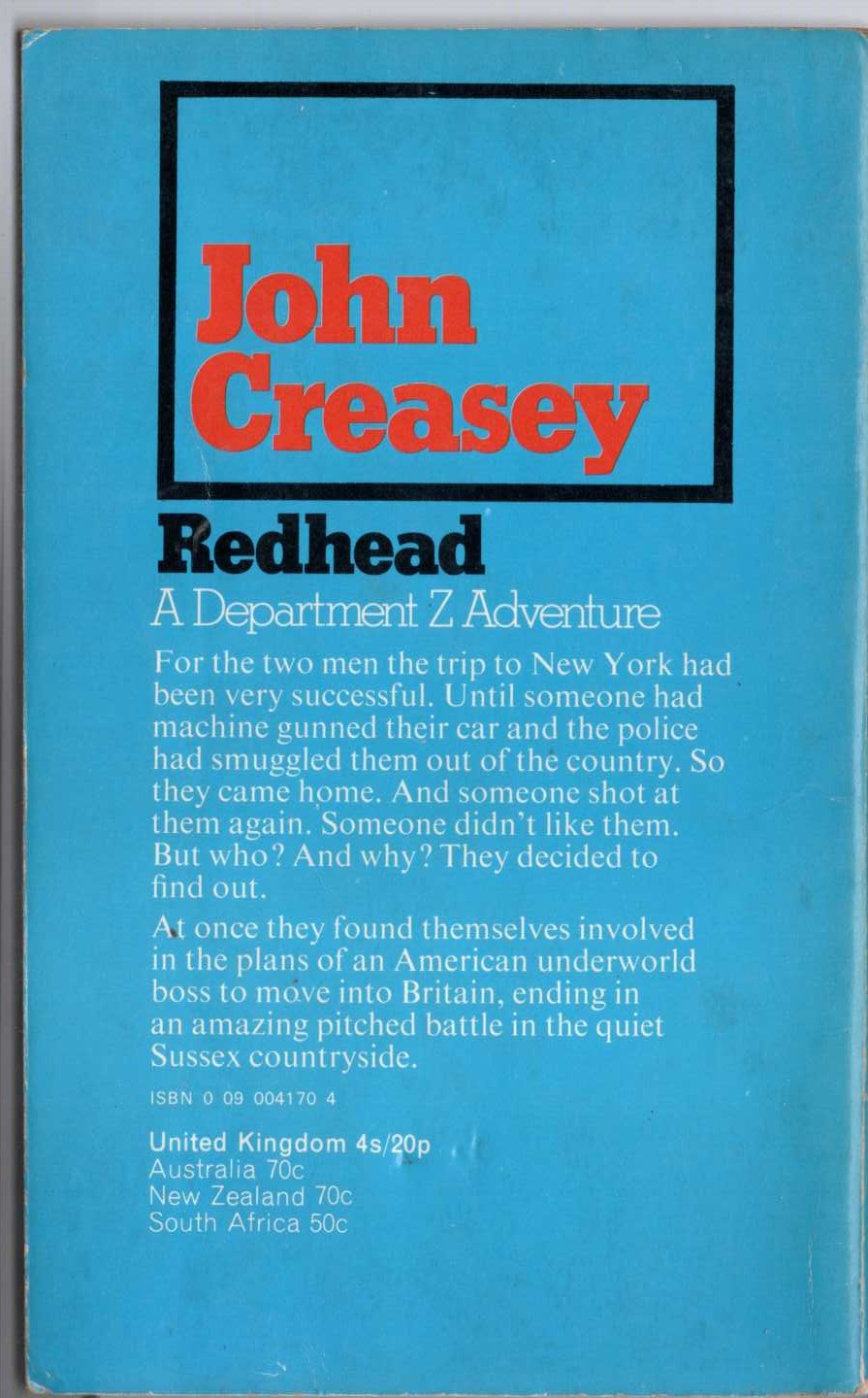 John Creasey  REDHEAD (Department Z) magnified rear book cover image