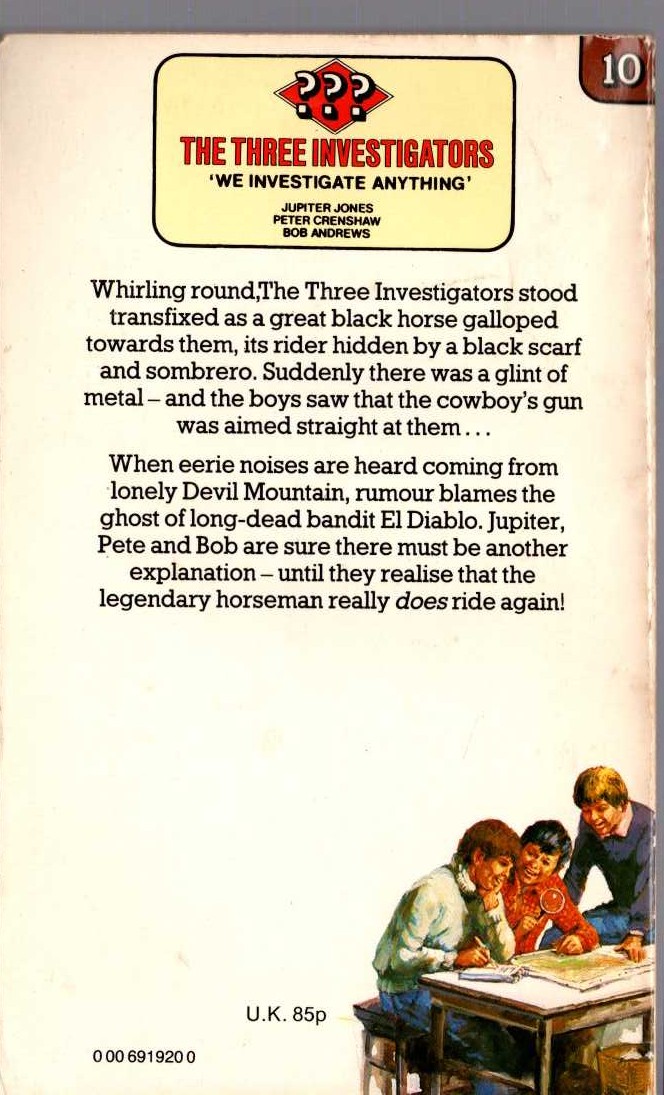 Alfred Hitchcock (introduces_The_Three_Investigators) THE MYSTERY OF THE MOANING CAVE magnified rear book cover image