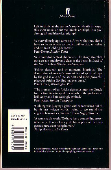 William Golding  THE DOUBLE TONGUE magnified rear book cover image