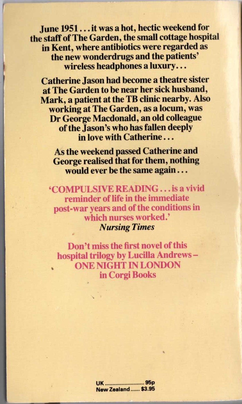 Lucilla Andrews  A WEEKEND IN THE GARDEN magnified rear book cover image