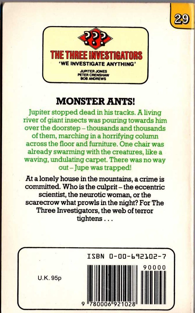 Alfred Hitchcock (introduces_The_Three_Invesitgators) THE MYSTERY OF THE SINISTER SCARECROW magnified rear book cover image
