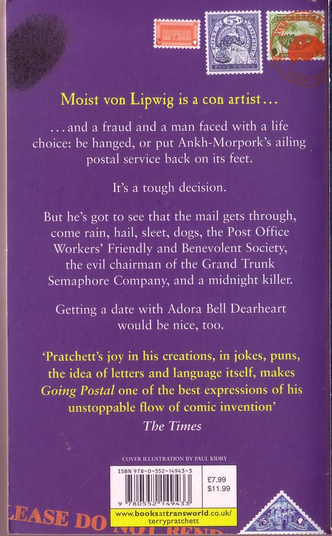 Terry Pratchett  GOING POSTAL magnified rear book cover image