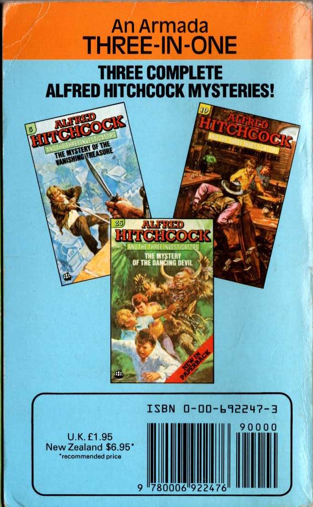 Alfred Hitchcock (introduces_The_Three_Investigators) THE MYSTERY OF THE VANISHING TREASURE/ THE SECRET OF PHANTOM LAKE/ THE MYSTERY OF THE DANCING DEVIL magnified rear book cover image