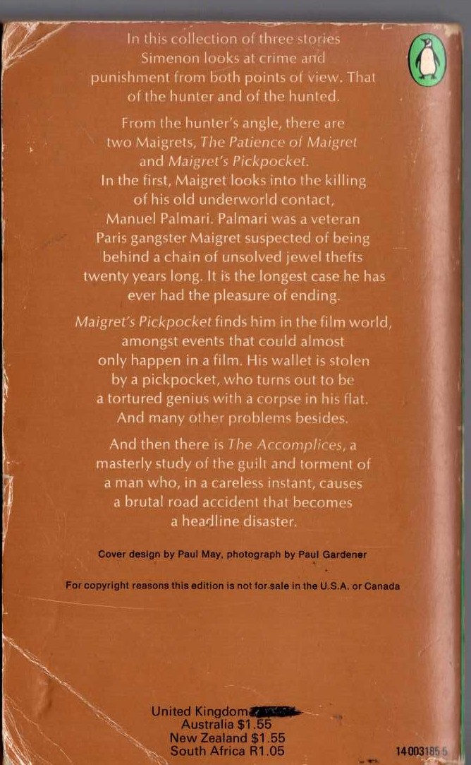 Georges Simenon  THE SECOND SIMENON OMNIBUS: THE ACCOMPLICES/ MAIGRET'S PICKPOCKET/ THE PATIENCE OF MAIGRET magnified rear book cover image