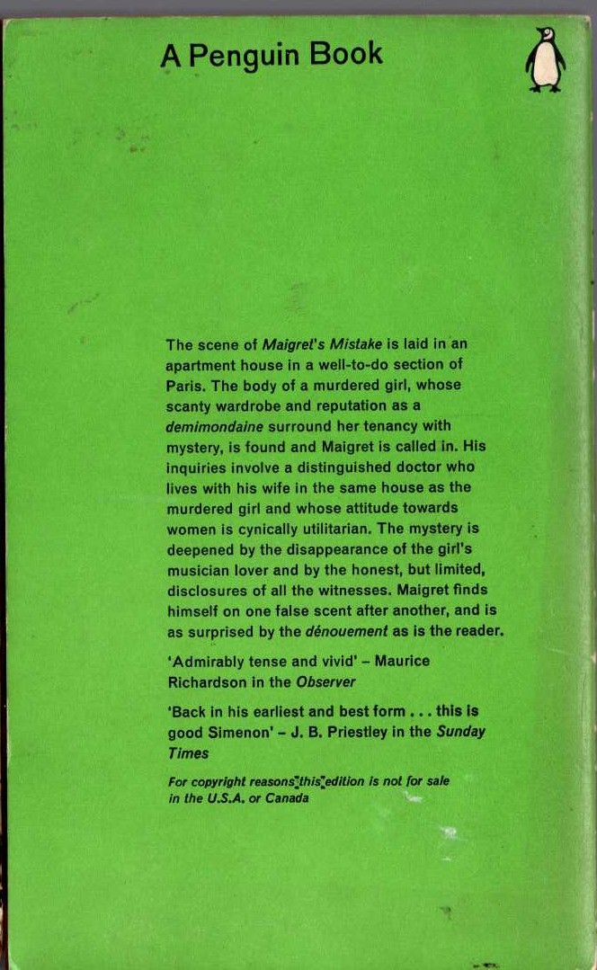 Georges Simenon  MAIGRET'S MISTAKE magnified rear book cover image