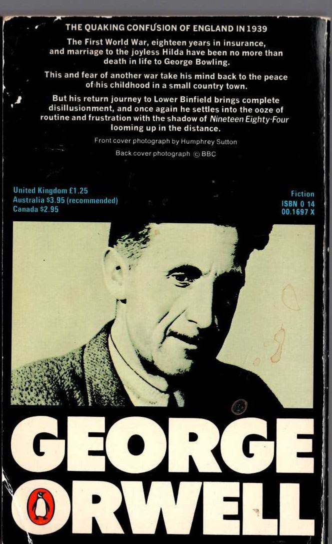 George Orwell  COMING UP FOR AIR magnified rear book cover image