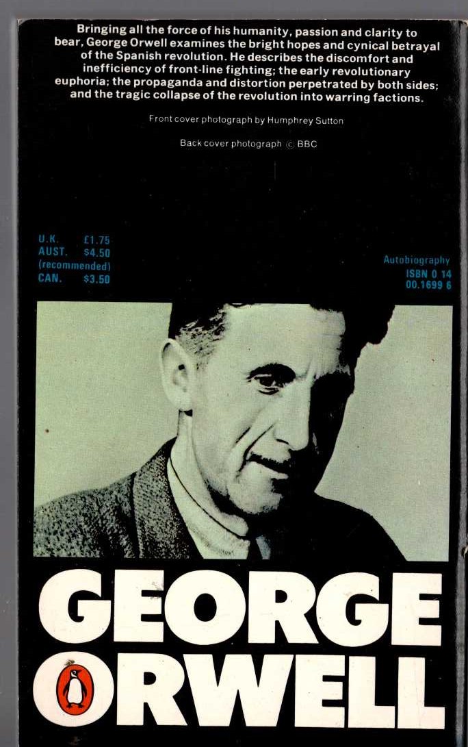 George Orwell  HOMAGE TO CATALONIA magnified rear book cover image