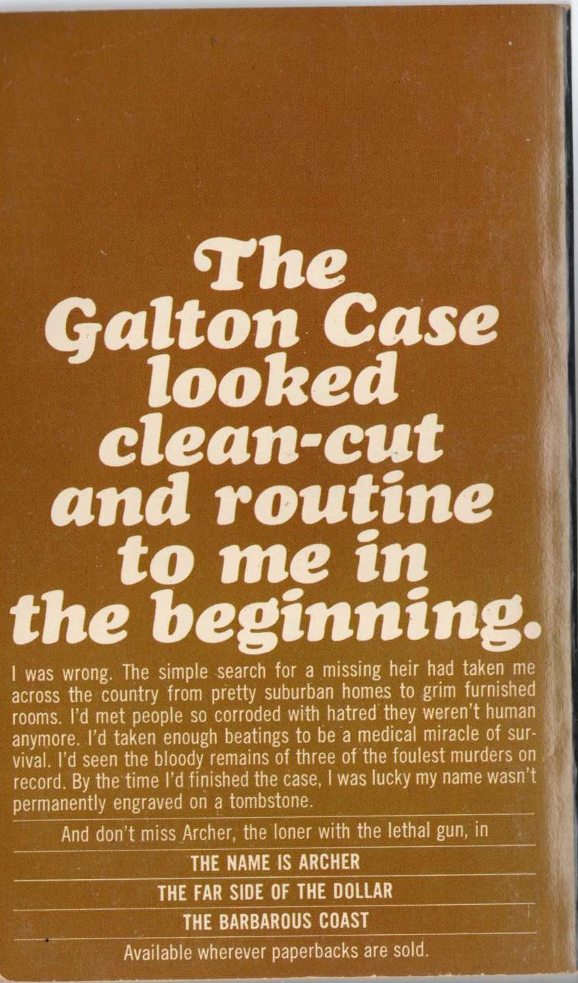 Ross MacDonald  THE GALTON CASE magnified rear book cover image