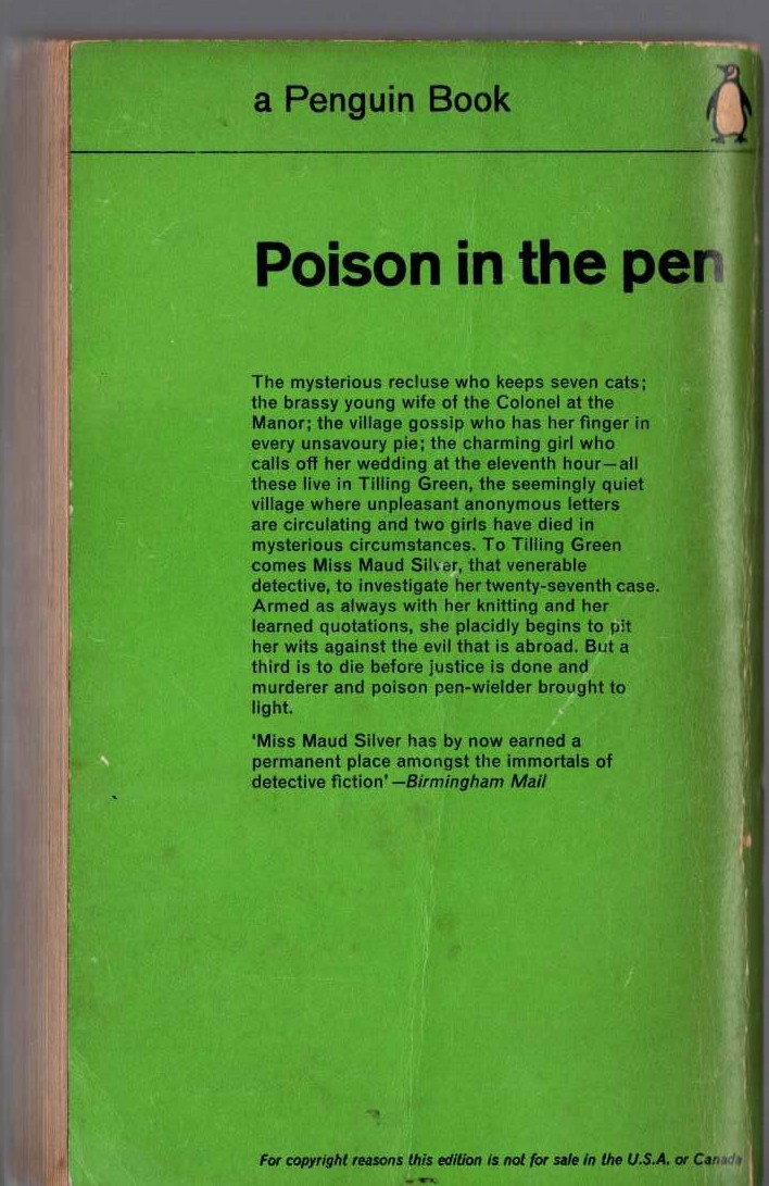 Patricia Wentworth  POISON IN THE PEN magnified rear book cover image