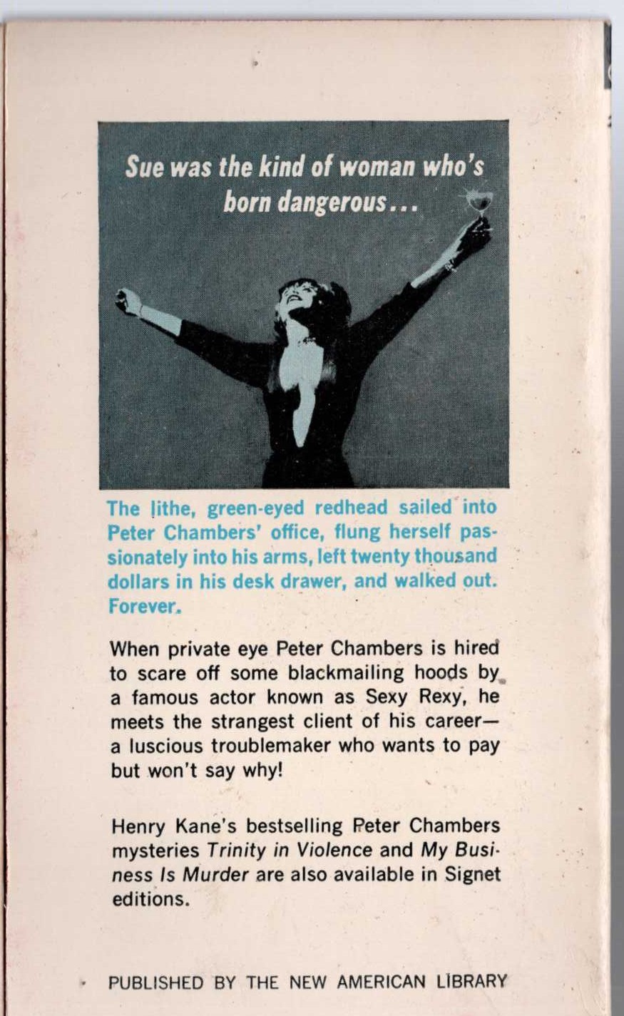 Henry Kane  WHO KILLED SWEET SUE? magnified rear book cover image