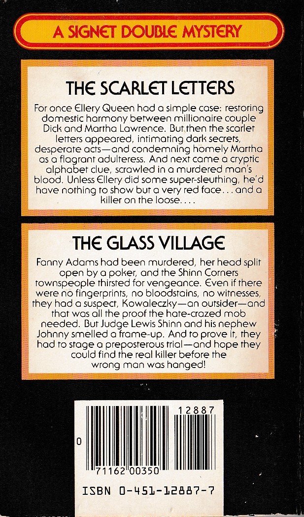 Ellery Queen  THE SCARLET LETTERS and THE GLASS VILLAGE magnified rear book cover image