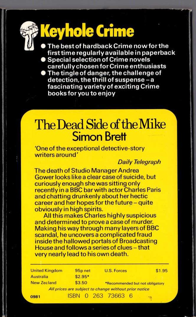 Simon Brett  THE DEAD SIDE OF THE MIKE magnified rear book cover image