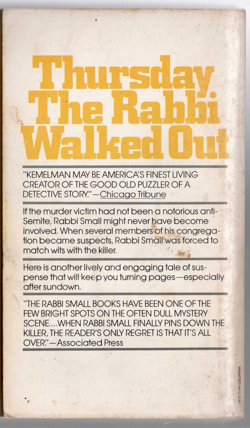Harry Kemelman  THURSDAY THE RABBI WALKED OUT magnified rear book cover image